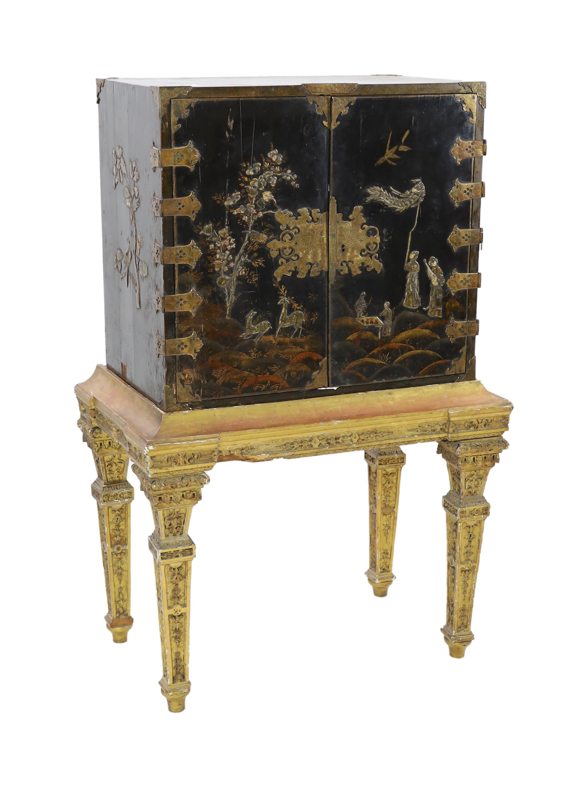 A William & Mary black japanned cabinet on stand, W.96cm D.61cm H. overall 149cm